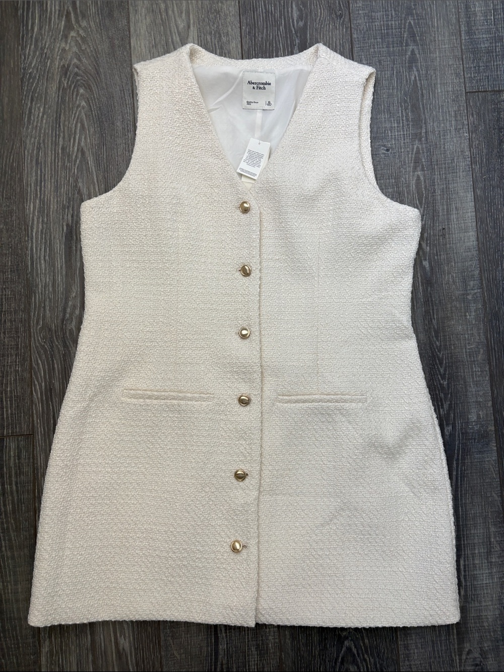 Abercrombie & Fitch Cream Textured Sleeveless Button Dress
